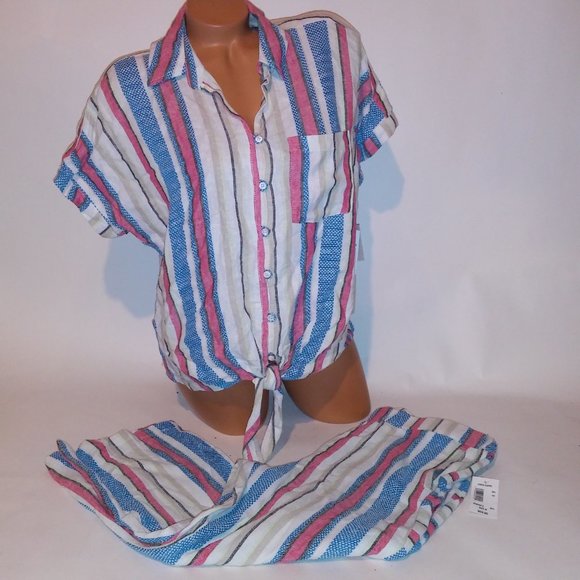 Caffe Marrakesh Set Medium Tie Front Top Capri Pink Blue White Linen Ble…‎ - Picture 2 of 12